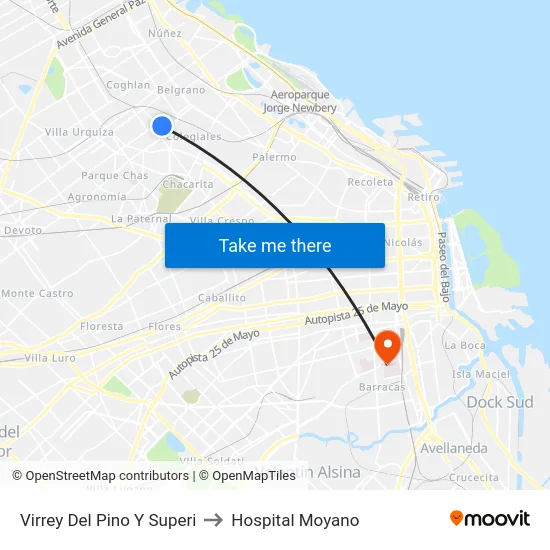 Virrey Del Pino Y Superi to Hospital Moyano map