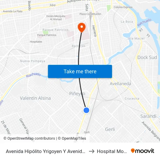Avenida Hipólito Yrigoyen Y Avenida Galicia to Hospital Moyano map