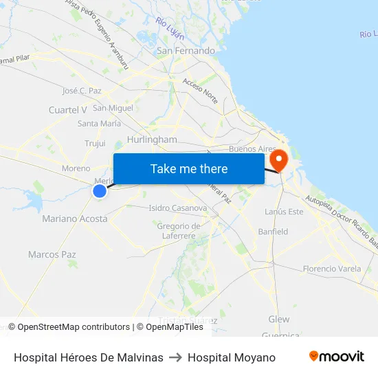 Hospital Héroes De Malvinas to Hospital Moyano map