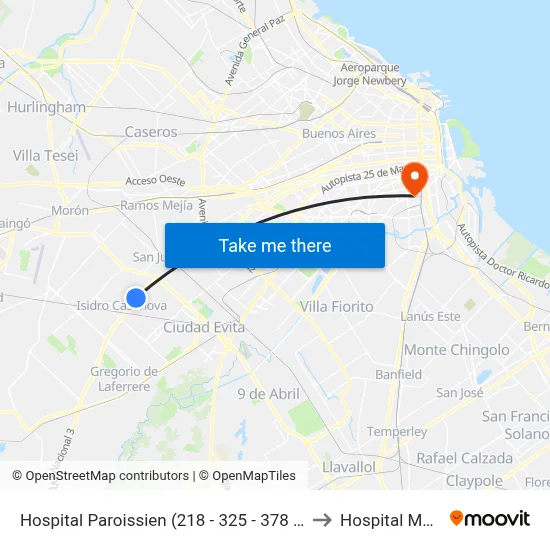 Hospital Paroissien (218 - 325 - 378 - 622 - 630) to Hospital Moyano map