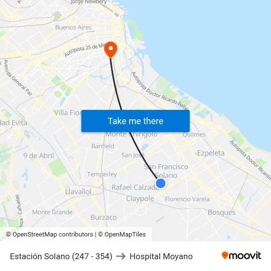 Estación Solano (247 - 354) to Hospital Moyano map