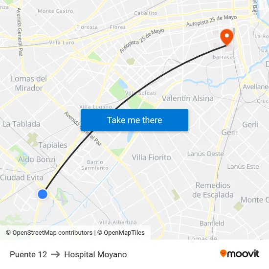 Puente 12 to Hospital Moyano map