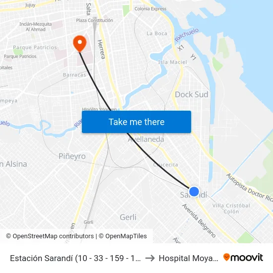 Estación Sarandí (10 - 33 - 159 - 197) to Hospital Moyano map