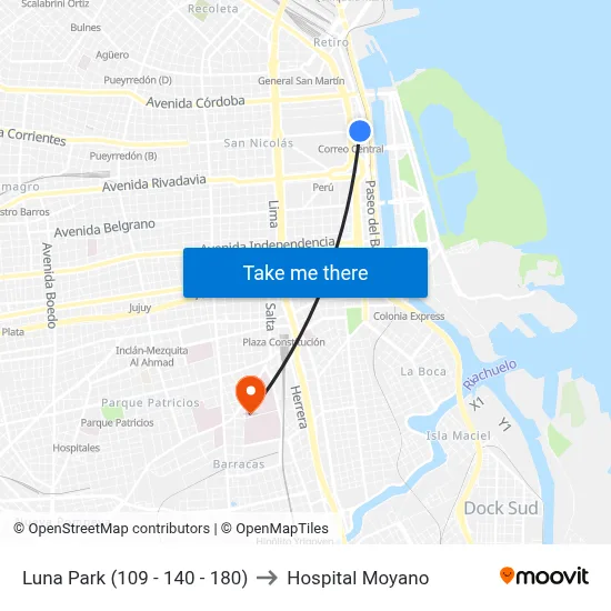 Luna Park (109 - 140 - 180) to Hospital Moyano map