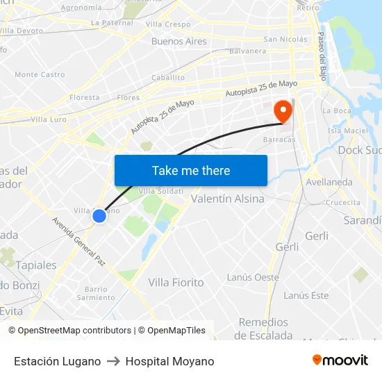 Estación Lugano to Hospital Moyano map