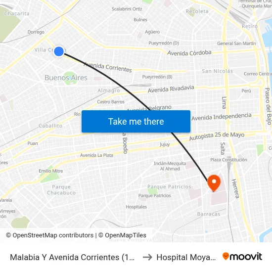 Malabia Y Avenida Corrientes (110) to Hospital Moyano map