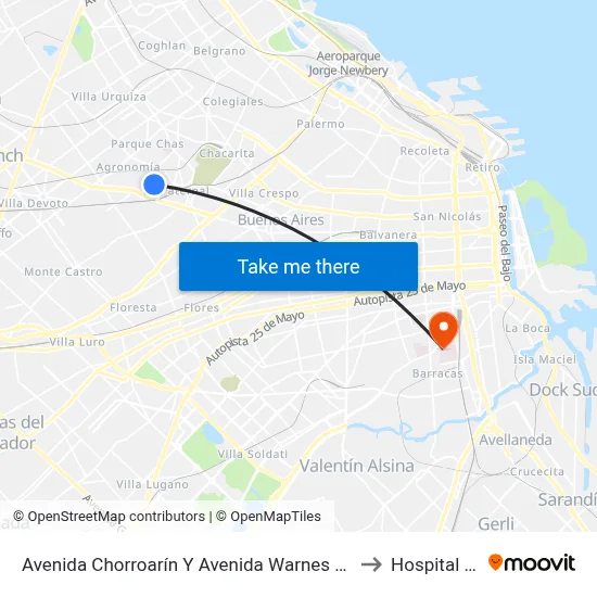 Avenida Chorroarín Y Avenida Warnes (Facultad De Agronomía) to Hospital Moyano map
