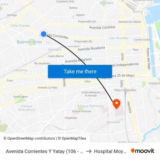 Avenida Corrientes Y Yatay (106 - 109) to Hospital Moyano map