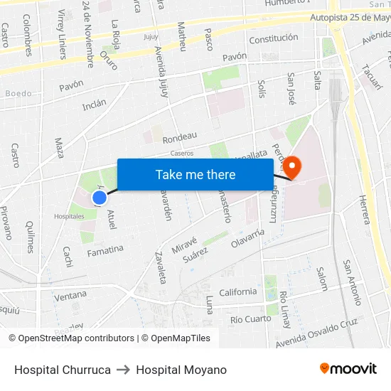 Hospital Churruca to Hospital Moyano map