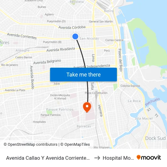 Avenida Callao Y Avenida Corrientes (37 - 124) to Hospital Moyano map