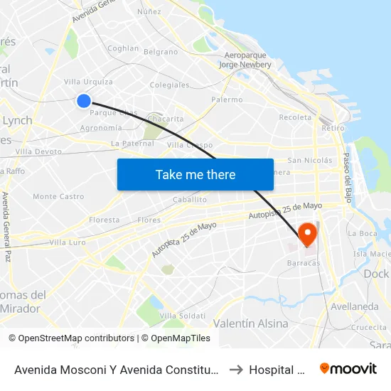 Avenida Mosconi Y Avenida Constituyentes (107 - 114) to Hospital Moyano map