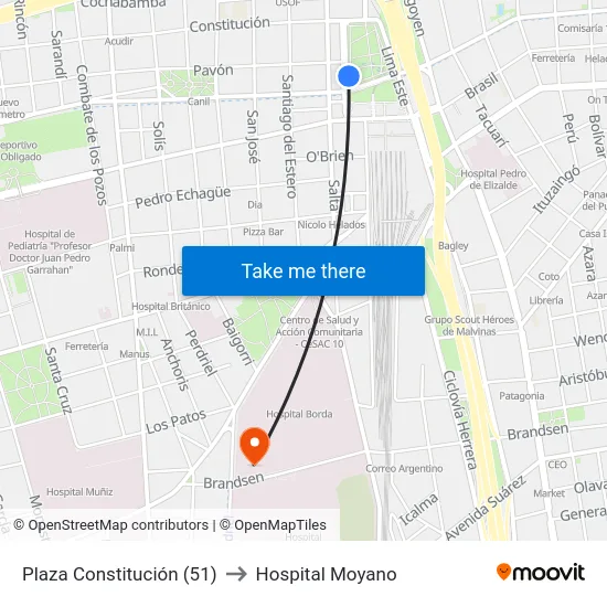 Plaza Constitución (51) to Hospital Moyano map