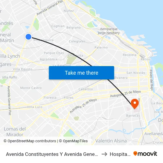 Avenida Constituyentes Y Avenida General Paz (110 - 111 - 140 - 169 - 176) to Hospital Moyano map