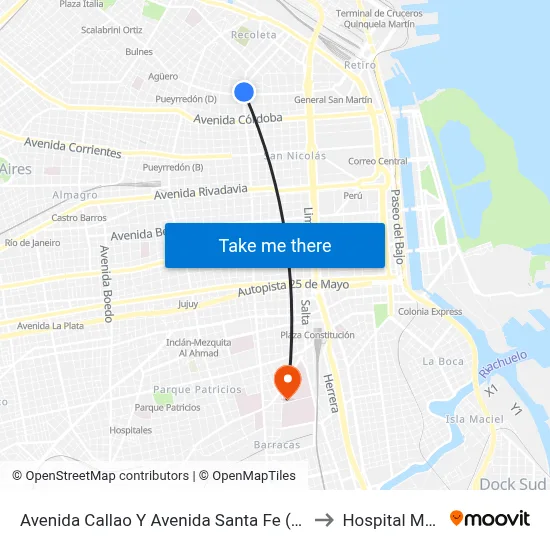 Avenida Callao Y Avenida Santa Fe (10 - 59 - 108) to Hospital Moyano map