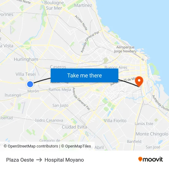 Plaza Oeste to Hospital Moyano map