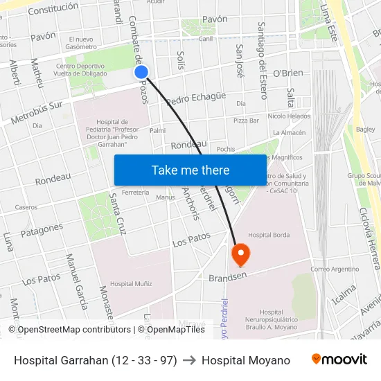 Hospital Garrahan (12 - 33 - 97) to Hospital Moyano map