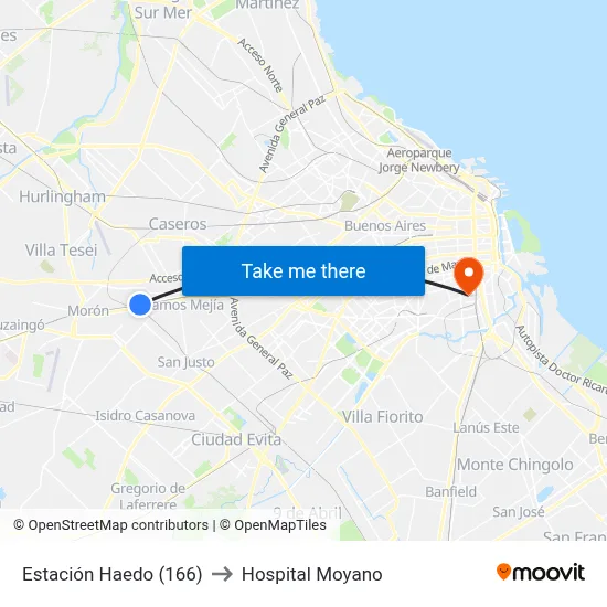 Estación Haedo (166) to Hospital Moyano map