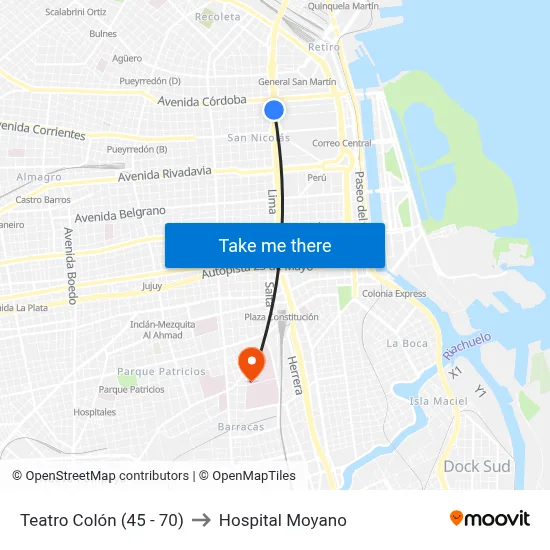 Teatro Colón (45 - 70) to Hospital Moyano map