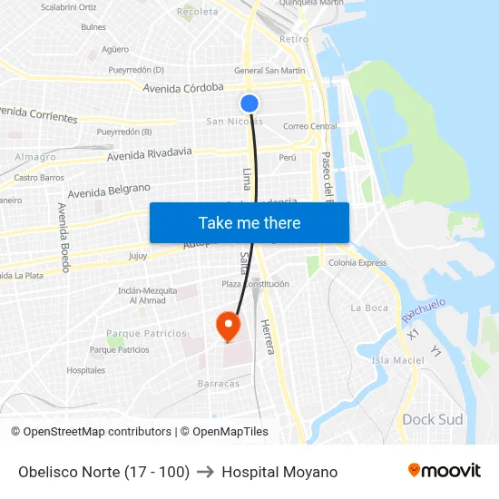 Obelisco Norte (17 - 100) to Hospital Moyano map