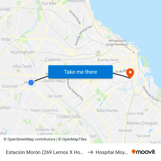 Estación Morón (269 Lemos X Hospital) to Hospital Moyano map
