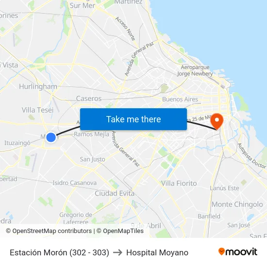 Estación Morón (302 - 303) to Hospital Moyano map