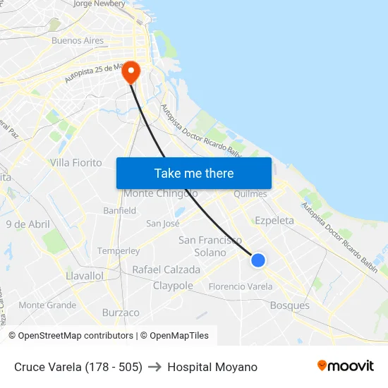 Cruce Varela (178 - 505) to Hospital Moyano map