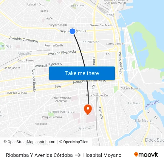 Riobamba Y Avenida Córdoba to Hospital Moyano map