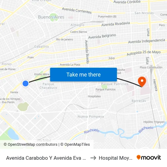 Avenida Carabobo Y Avenida Eva Perón to Hospital Moyano map
