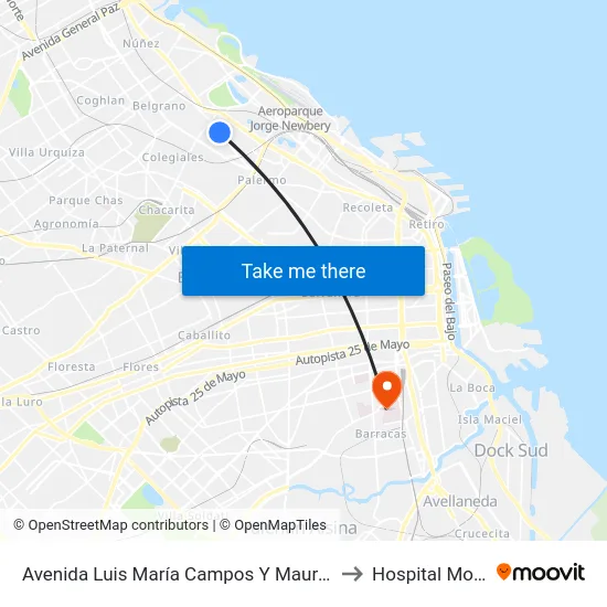 Avenida Luis María Campos Y Maure (29 - 59) to Hospital Moyano map