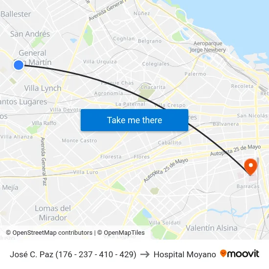 José C. Paz (176 - 237 - 410 - 429) to Hospital Moyano map