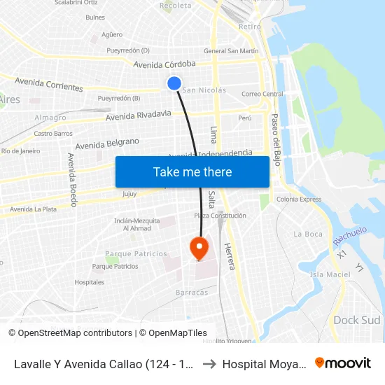 Lavalle Y Avenida Callao (124 - 180) to Hospital Moyano map