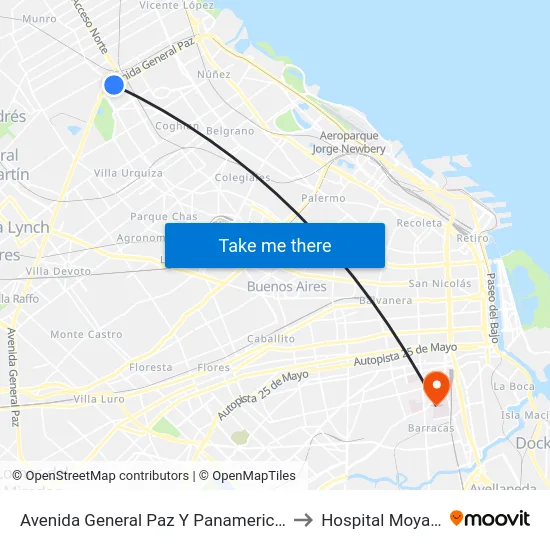 Avenida General Paz Y Panamericana to Hospital Moyano map
