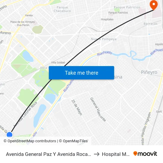 Avenida General Paz Y Avenida Roca (Autódromo) to Hospital Moyano map