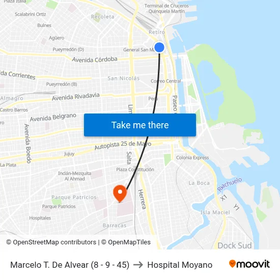 Marcelo T. De Alvear (8 - 9 - 45) to Hospital Moyano map