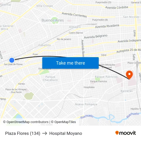 Plaza Flores (134) to Hospital Moyano map