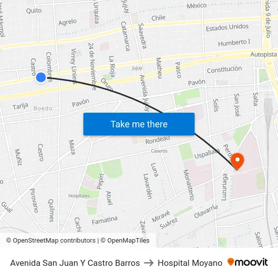 Avenida San Juan Y Castro Barros to Hospital Moyano map