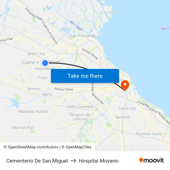 Cementerio De San Miguel to Hospital Moyano map