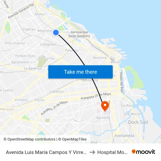 Avenida Luis María Campos Y Virrey Loreto to Hospital Moyano map
