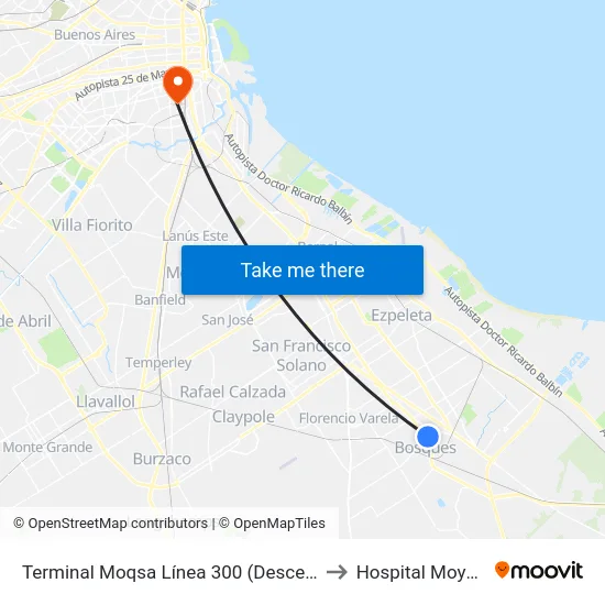 Terminal Moqsa Línea 300 (Descenso) to Hospital Moyano map