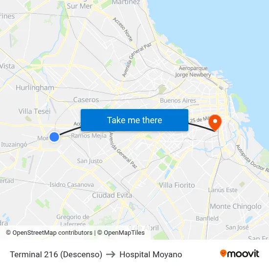 Terminal 216 (Descenso) to Hospital Moyano map