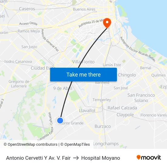 Antonio Cervetti Y Av. V. Fair to Hospital Moyano map