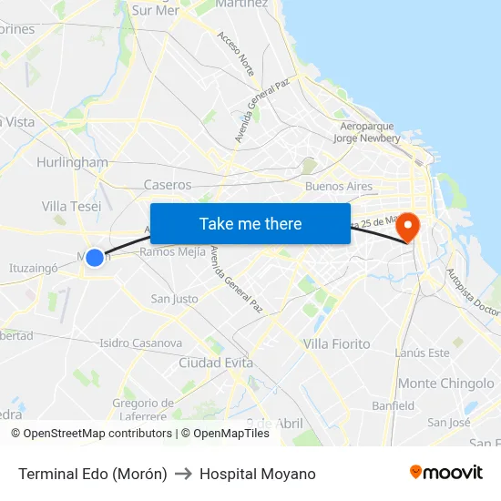 Terminal Edo (Morón) to Hospital Moyano map
