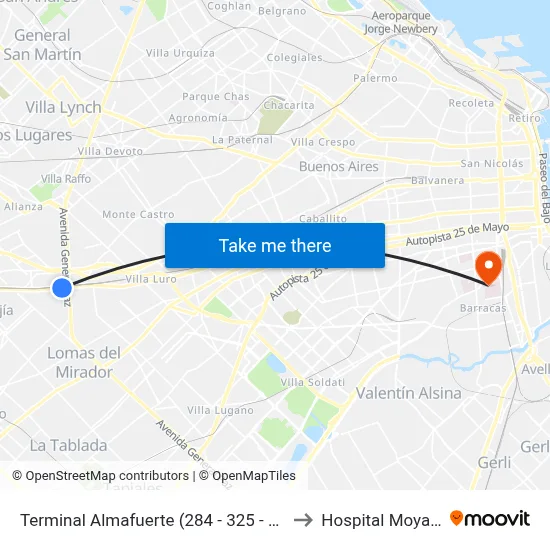 Terminal Almafuerte (284 - 325 - 378) to Hospital Moyano map