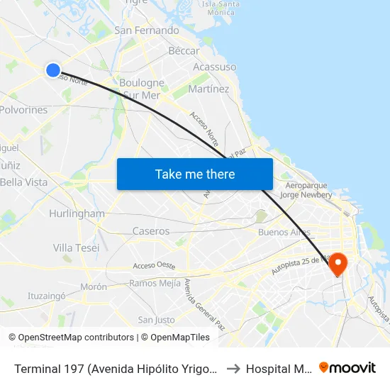 Terminal 197 (Avenida Hipólito Yrigoyen Y Colombia to Hospital Moyano map