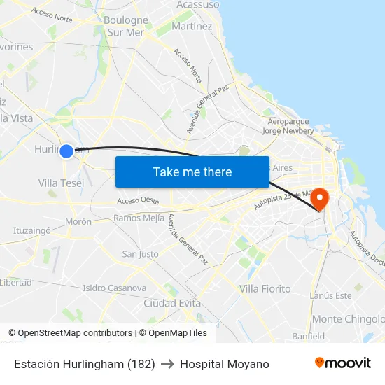 Estación Hurlingham (182) to Hospital Moyano map
