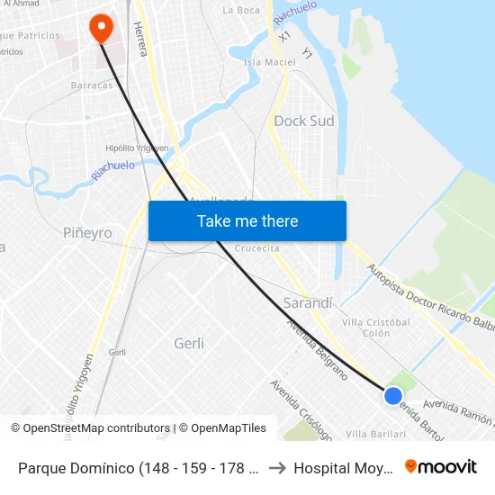 Parque Domínico (148 - 159 - 178 - 247) to Hospital Moyano map
