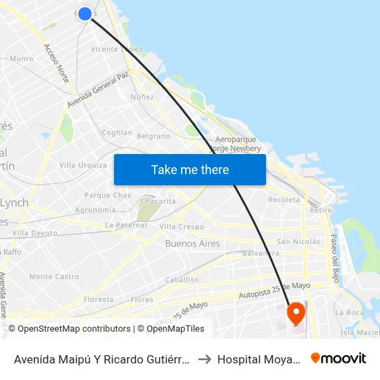 Avenida Maipú Y Ricardo Gutiérrez to Hospital Moyano map