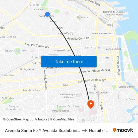 Avenida Santa Fe Y Avenida Scalabrini Ortiz (12 - 39 - 152) to Hospital Moyano map
