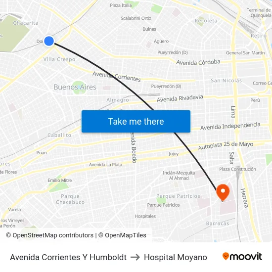 Avenida Corrientes Y Humboldt to Hospital Moyano map