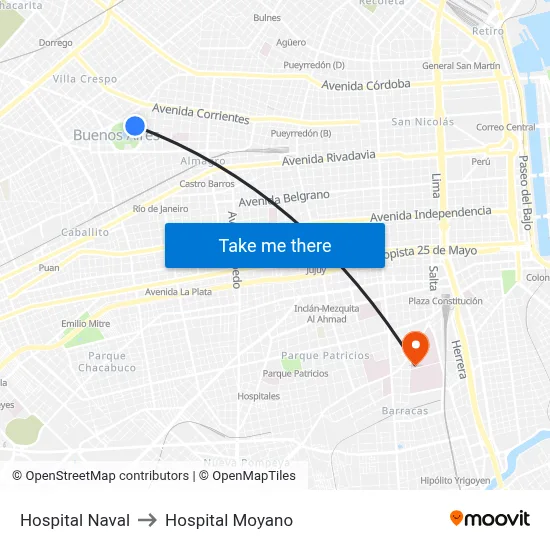 Hospital Naval to Hospital Moyano map